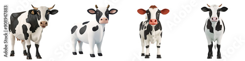 Set of 3D cute happy cartoon cow, isolated on white background,