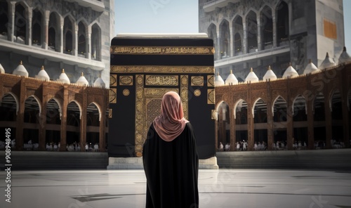 Muslim Woman in a Hijab Standing in Front of the Sacred Kaaba in Mecca.Generated image photo