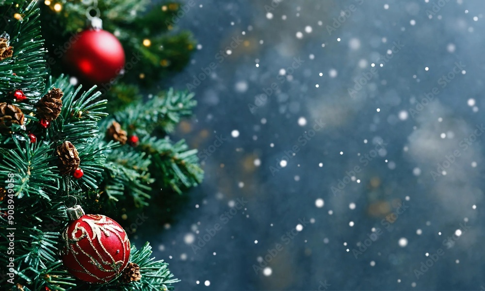 Christmas fir tree branches with toys on paper background with copy space Christmas fir tree branches with toys on paper background with copy space