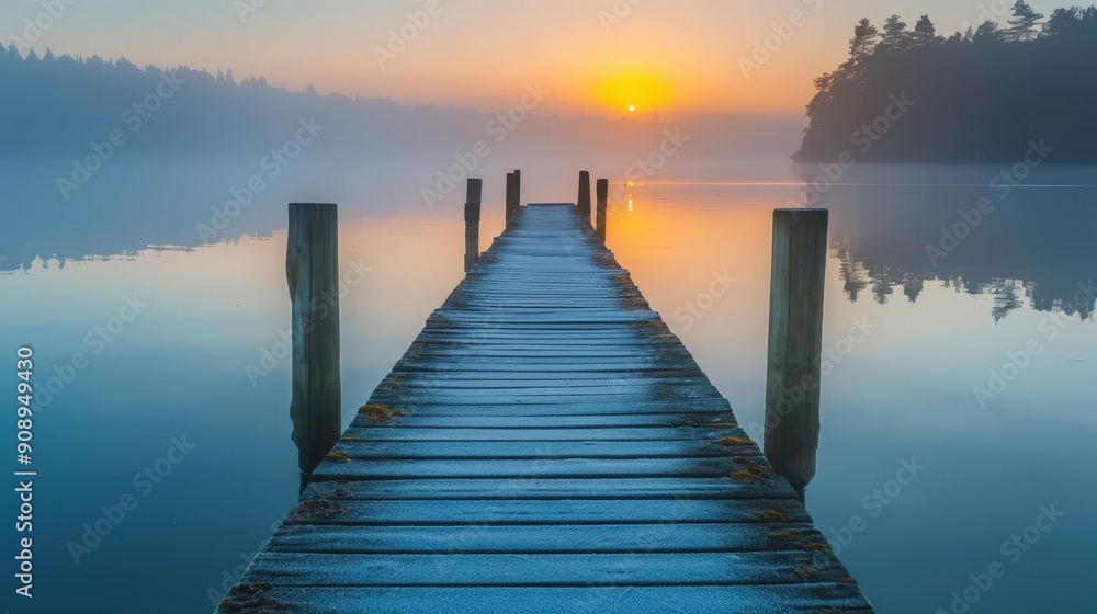Tranquil Sunrise Over Misty Lake With Wooden Dock Surrounded by Lush Trees Tranquil Sunrise Over Misty Lake With Wooden Dock Surrounded by Lush Trees