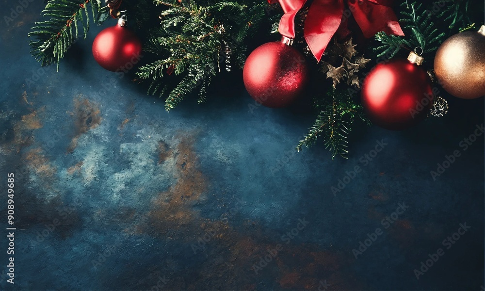 Christmas background with fir tree and decor with copy space