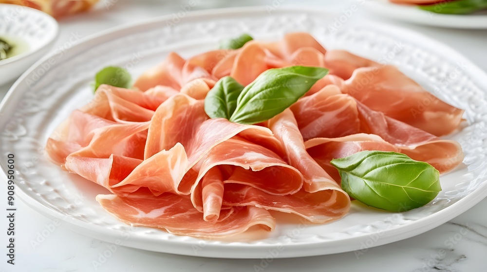 A plate of thinly sliced prosciutto ham arranged in delicate folds, garnished with fresh green basil leaves, on a white porcelain plate, placed on a white marble table surface. A plate of thinly sliced prosciutto ham arranged in delicate folds, garnished with fresh green basil leaves, on a white porcelain plate, placed on a white marble table surface.