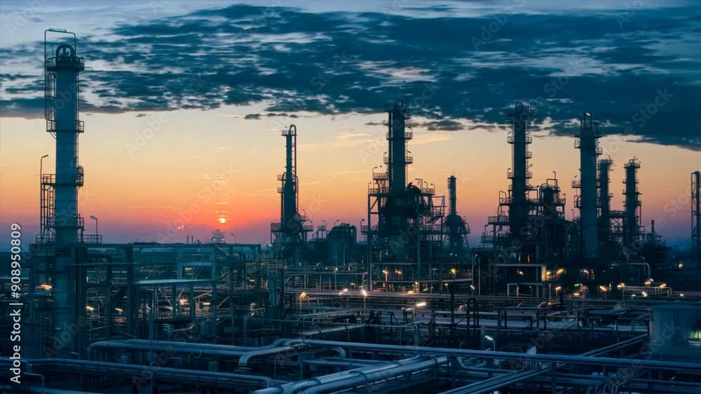A large industrial plant with many tall towers and a sunset in the background. The sky is filled with clouds and the sun is setting A large industrial plant with many tall towers and a sunset in the background. The sky is filled with clouds and the sun is setting