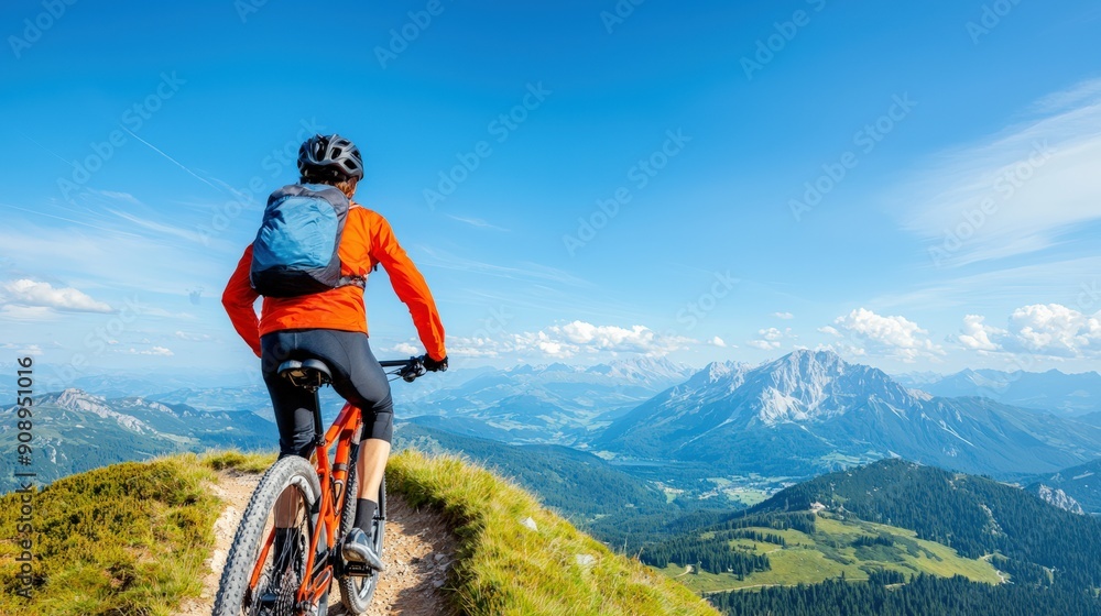 Mountain biker with backpack enjoying stunning mountain views on a sunny day, riding off-road trail, surrounded by nature's beauty. Mountain biker with backpack enjoying stunning mountain views on a sunny day, riding off-road trail, surrounded by nature's beauty.