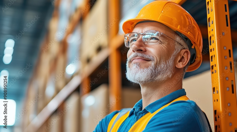 Senior warehouse worker in a hard hat looks confident and content while performing his duties in a modern storage facility. Senior warehouse worker in a hard hat looks confident and content while performing his duties in a modern storage facility.