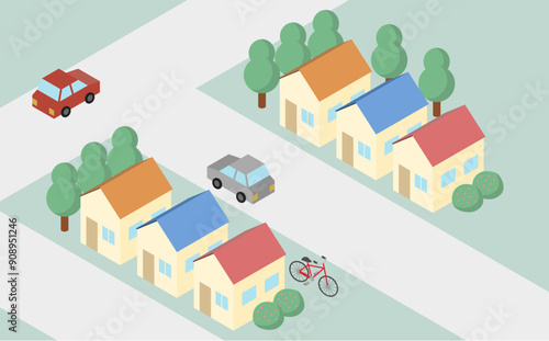 アイソメトリックイラスト：住宅街