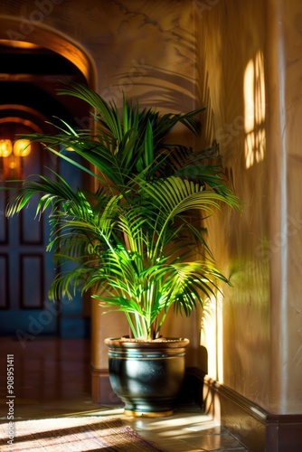 Sunlit Indoor Potted Green Palm Plant in Elegant Wooden Archway Hallway photo