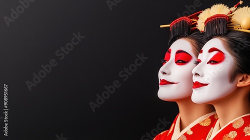 Two traditional Japanese performers in full makeup and attire, showcasing rich cultural heritage and artistry against a dark backdrop.
