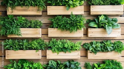 Vertical garden with wooden planter boxes filled with vibrant green herbs and plants on a wooden wall background.