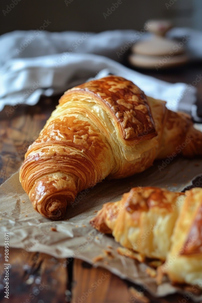 Freshly Baked Croissant on Rustic Wooden Table with a Crisp Flaky Texture Freshly Baked Croissant on Rustic Wooden Table with a Crisp Flaky Texture