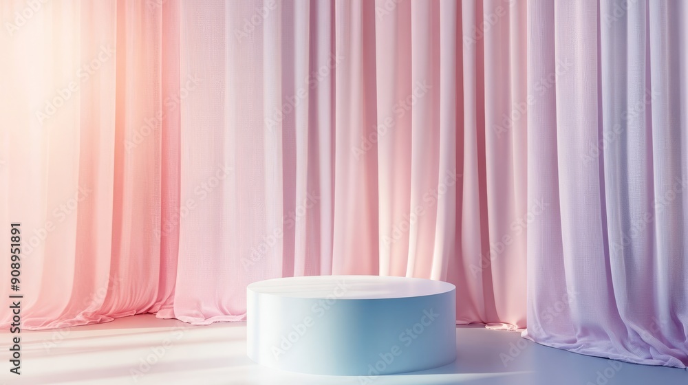 Cylindrical Platform In Front Of Pink Curtains Cylindrical Platform In Front Of Pink Curtains