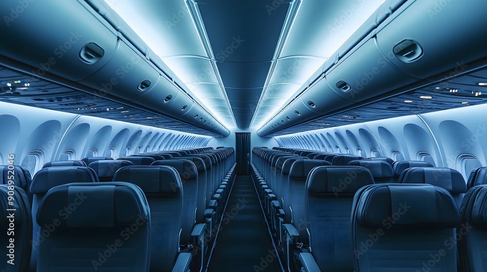 Airplane interior, empty cabin, symmetrical rows of grey seats, central aisle perspective, overhead compartments, fluorescent lighting, blue-tinted atmosphere, modern aircraft design. Airplane interior, empty cabin, symmetrical rows of grey seats, central aisle perspective, overhead compartments, fluorescent lighting, blue-tinted atmosphere, modern aircraft design.