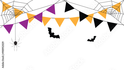 Halloween Party Poster Template with Flags and Spider Cobwebs. National seasonal holiday concept vector