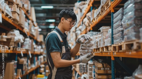 A young worker sorts and organizes packages on shelves in a bustling warehouse