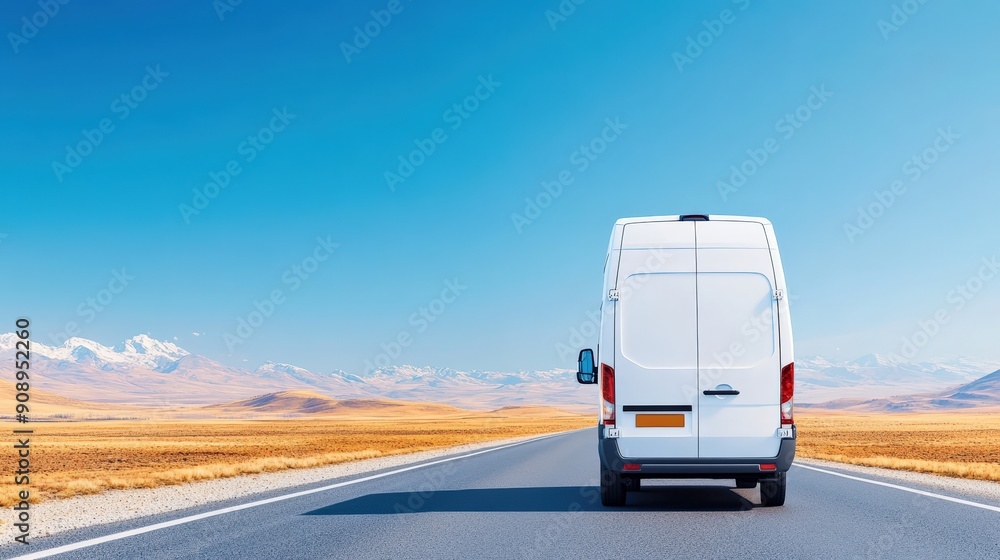 White van driving on a deserted highway through a scenic desert landscape under a bright blue sky with distant mountains in the background. White van driving on a deserted highway through a scenic desert landscape under a bright blue sky with distant mountains in the background.