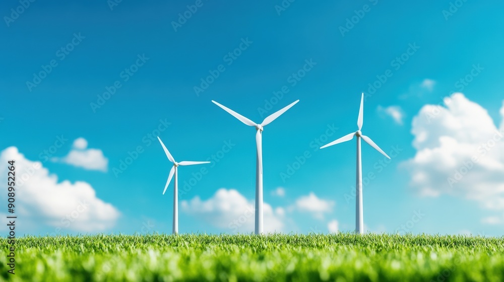 Wind turbines under a clear blue sky in a lush green field, symbolizing renewable energy and sustainable power generation. Wind turbines under a clear blue sky in a lush green field, symbolizing renewable energy and sustainable power generation.