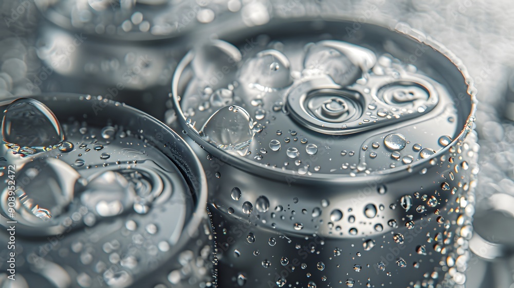 Aluminum soda cans, top view, condensation droplets, ice cubes, silver metallic texture, cold beverage, macro photography, high detail, crisp focus, commercial product shot. Aluminum soda cans, top view, condensation droplets, ice cubes, silver metallic texture, cold beverage, macro photography, high detail, crisp focus, commercial product shot.