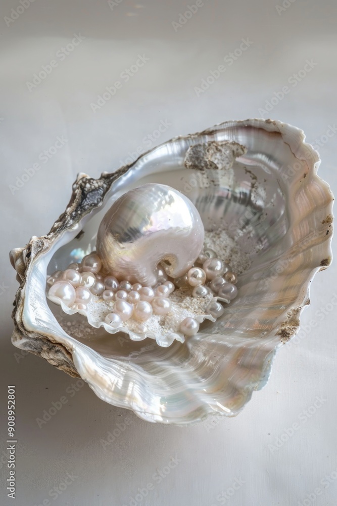 Elegant Abalone Shell with Pearls on White Background Luxury Natural Jewelry Stock Photo Elegant Abalone Shell with Pearls on White Background Luxury Natural Jewelry Stock Photo