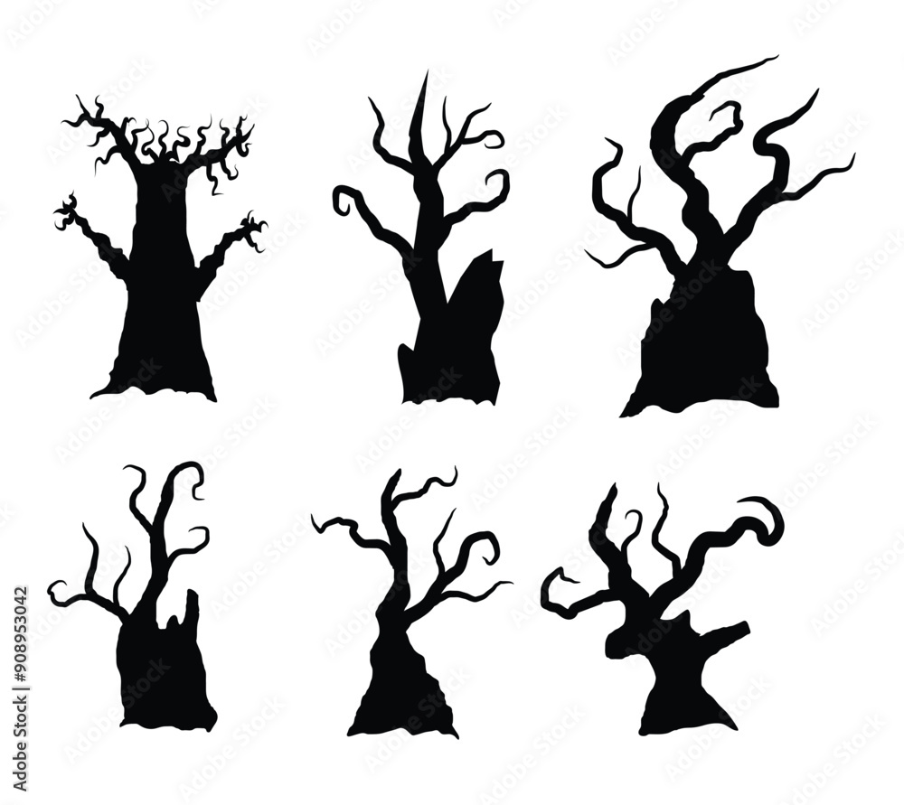 Old Halloween Trees Silhouettes Set. National seasonal holiday concept vector Old Halloween Trees Silhouettes Set. National seasonal holiday concept vector