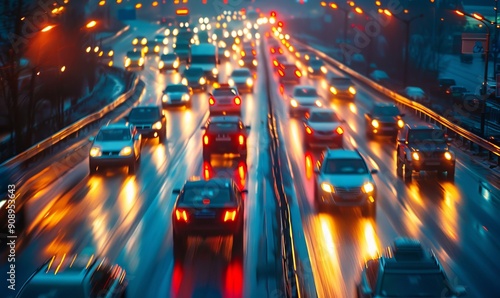 High speed urban traffic on a city highway during evening rush hour, car headlights and busy night transport captured by motion blur lighting effect and abstract long exposure, Generative AI