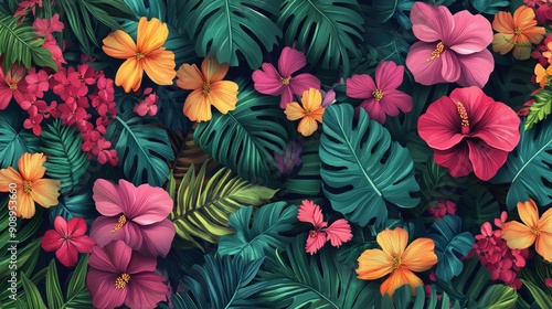 Lush Tropical Foliage and Vibrant Blooms