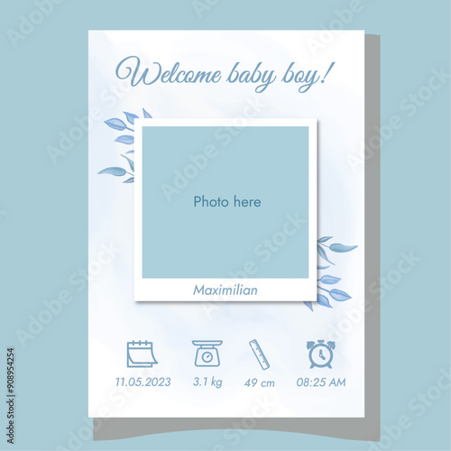 Elegant baby birth details template with photo in watercolor Nursey decor New born gift It's a boy
