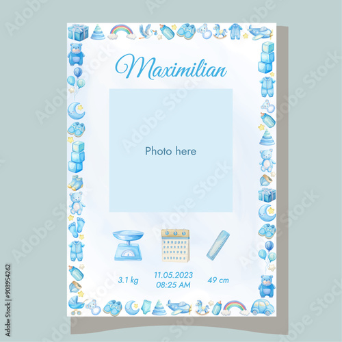 Baby birth details template with photo Nursey decor New born gift It's a boy