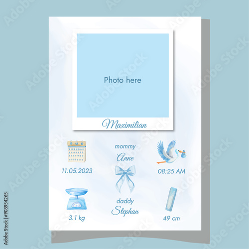 Cute baby birth details template with photo in watercolor New born gift It's a boy