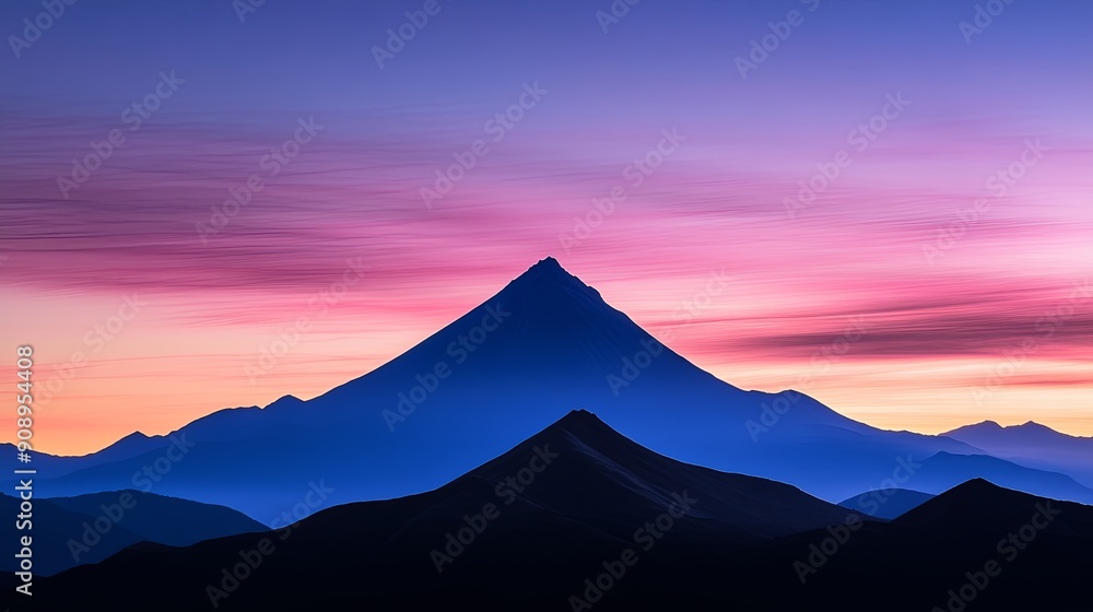 A minimalist composition of a single mountain silhouetted against a colorful dusk sky A minimalist composition of a single mountain silhouetted against a colorful dusk sky