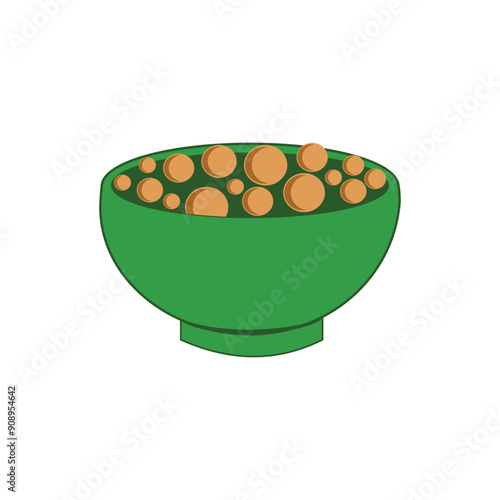 Illustration of a bowl of chocolate cereal with milk served in a green bowl. Design element illustration of a healthy breakfast menu with cereal and milk