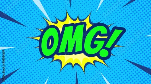 OMG or WOW text animation with retro comic background. Pop art. Seamless looping video