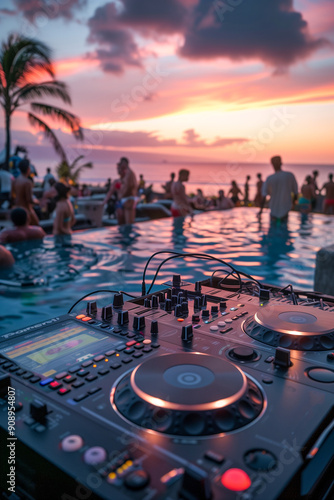 A DJ set up in a pool party with people in the background