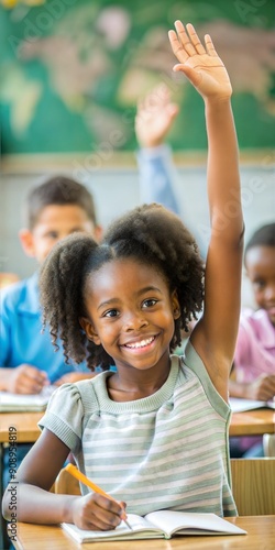 A young girl is in a classroom and is raising her hand. She is smiling and she is happy.