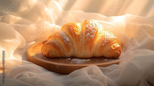 Golden croissant on wooden plate, surrounded by soft white sheer fabric, warm backlighting, golden hour glow, flaky pastry texture, buttery sheen, artisanal baking, moody atmosphere. photo