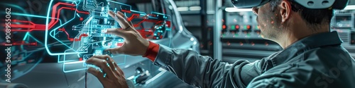 An engineer in an advanced automotive R&D center uses augmented reality to interact with a vehiclea??s electronic systems, with circuit diagrams and electrical flows displayed in 3D photo