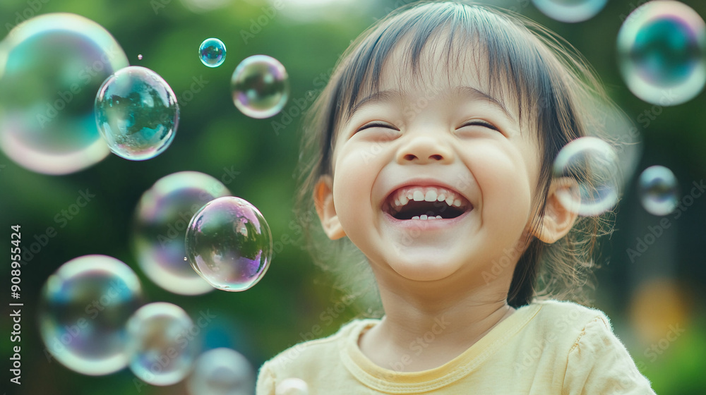 Asian child laughing while playing with bubbles Asian child laughing while playing with bubbles
