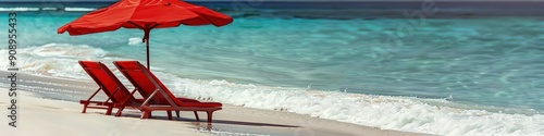 An idyllic beach scene featuring two luxurious red beach chairs and a large red umbrella on a pristine white sand beach, with gentle waves lapping at the shore