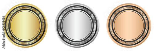 Gold, silver, and bronze medal. Realistic medal set. Prizes for winner. Reward isolated. Vector illustration