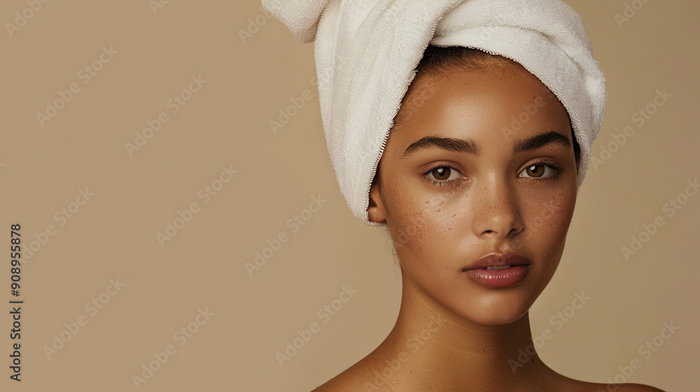 A woman poses with good skin, wearing a towel on her head, against a beige background. Concept of natural beauty and skincare A woman poses with good skin, wearing a towel on her head, against a beige background. Concept of natural beauty and skincare