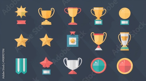 A vibrant assortment of trophies, medals, and awards displayed on a dark background, showcasing achievement and success