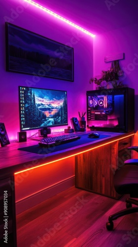 A computer desk with a monitor and keyboard