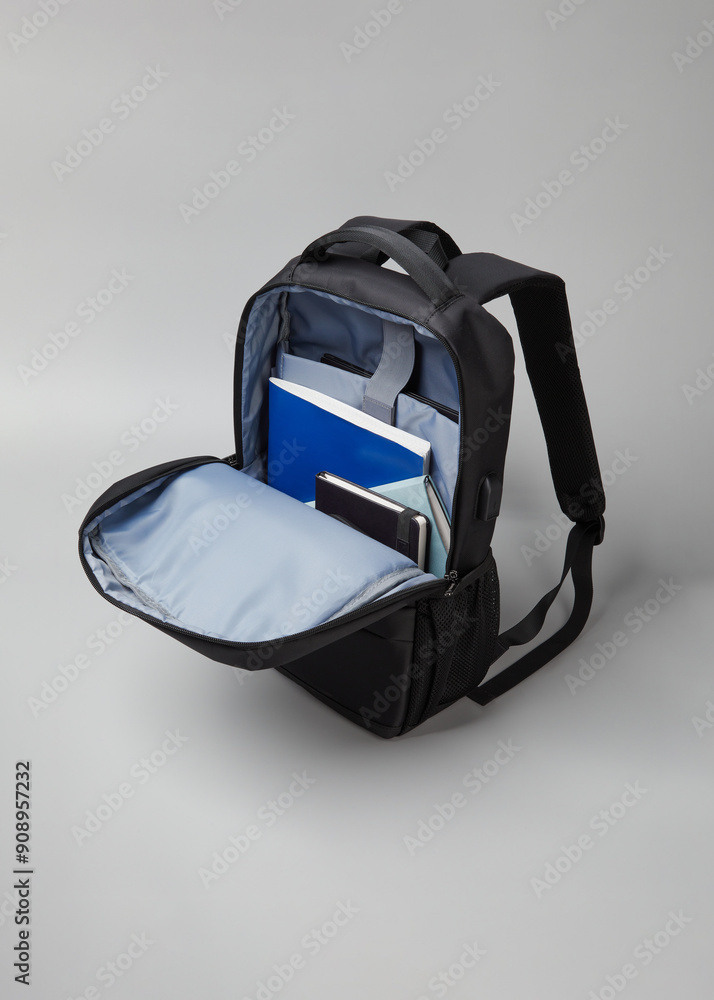 black backpack with filling in the form of objects for a student black backpack with filling in the form of objects for a student