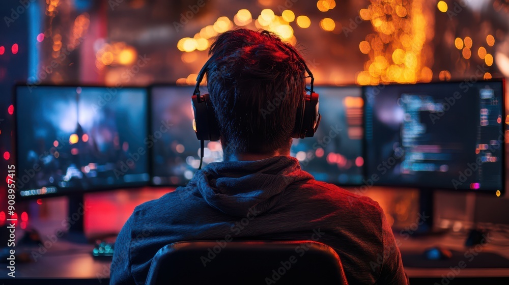 A man is sitting in front of a computer with three monitors and headphones on A man is sitting in front of a computer with three monitors and headphones on