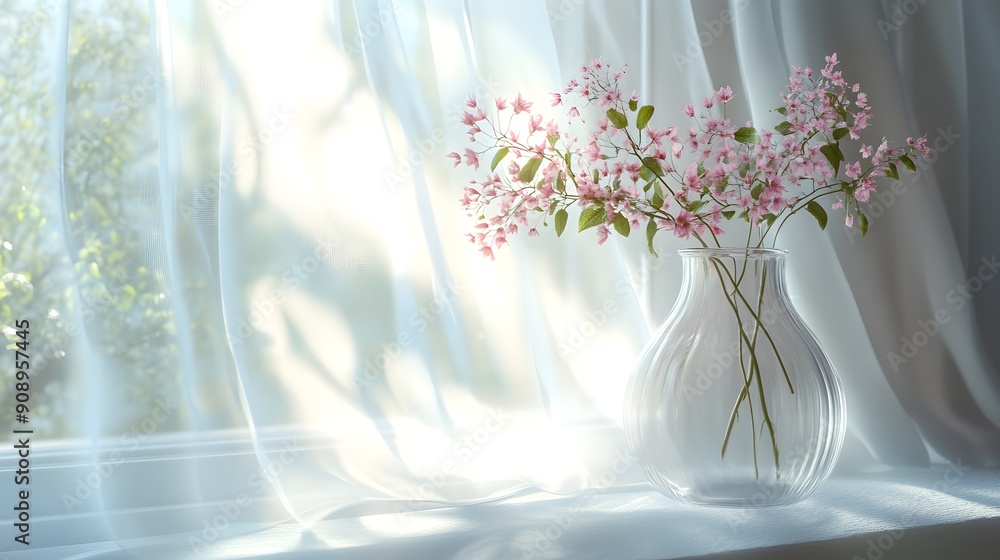Sunlit windowsill, glass vase with delicate pink wildflowers, white sheer curtains gently billowing, soft warm sunlight streaming through, cozy interior, diffused natural light. Sunlit windowsill, glass vase with delicate pink wildflowers, white sheer curtains gently billowing, soft warm sunlight streaming through, cozy interior, diffused natural light.