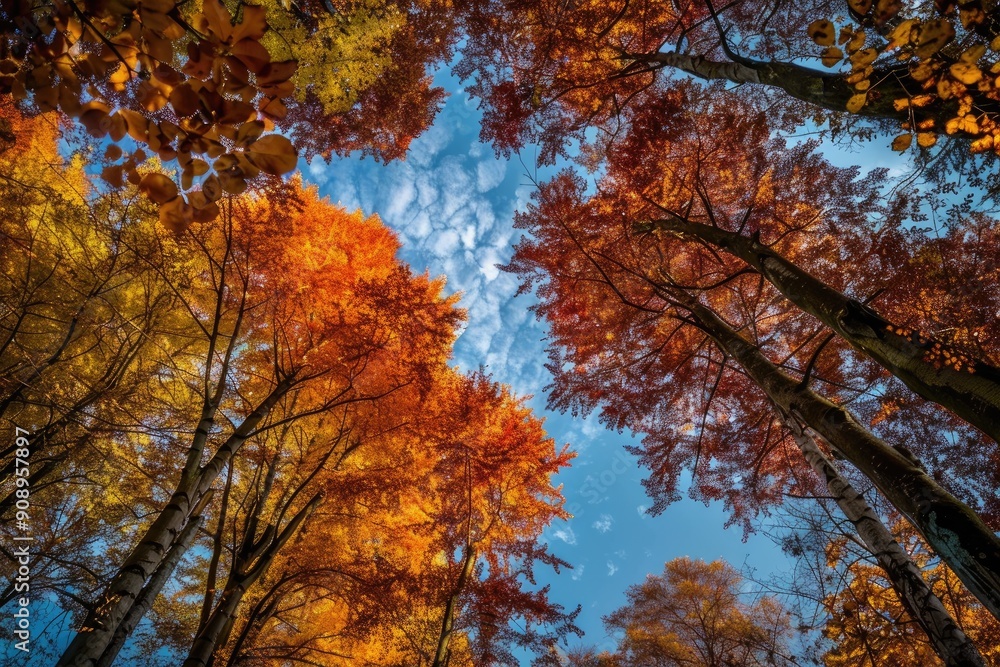 Bright autumn foliage on trees under a clear blue sky Bright autumn foliage on trees under a clear blue sky