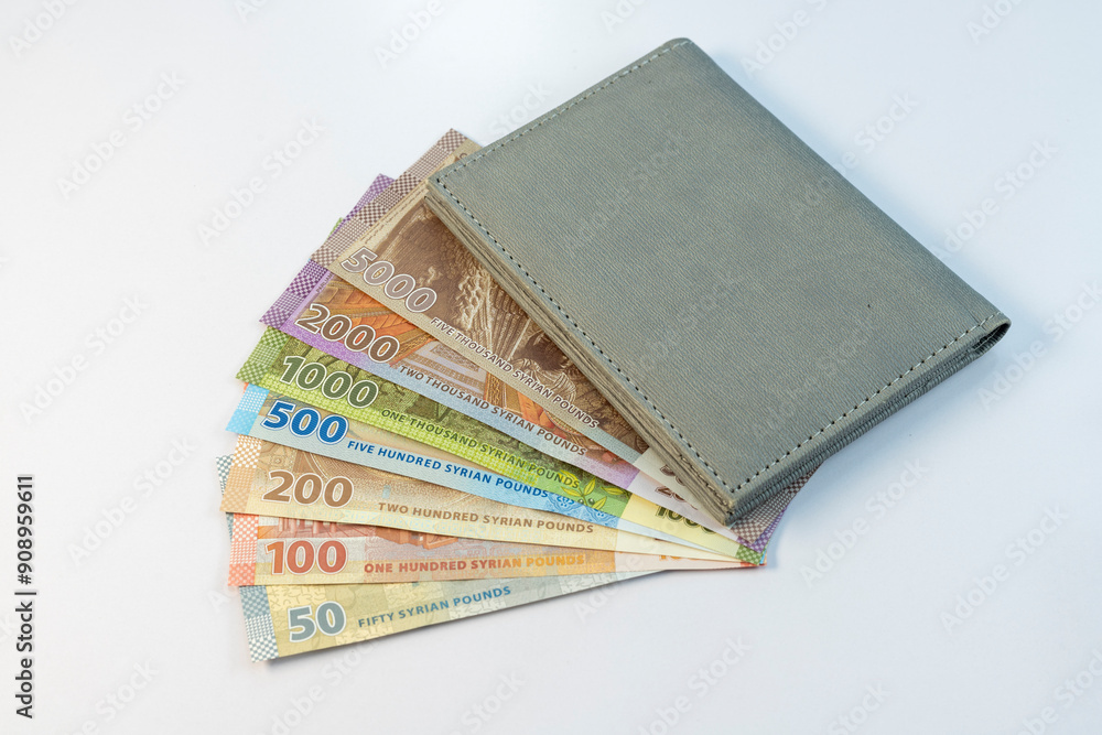Syrian Currency Notes Fanned Out from Wallet Isolated on White Background Syrian Currency Notes Fanned Out from Wallet Isolated on White Background