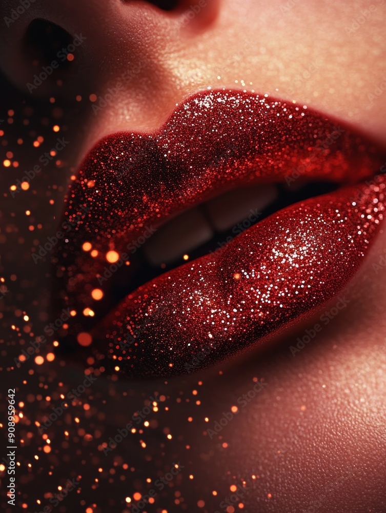 A captivating close-up of a woman's lips adorned with vibrant red glitter, creating a luxurious and sensual look. The shimmering background adds a touch of magic and allure. A captivating close-up of a woman's lips adorned with vibrant red glitter, creating a luxurious and sensual look. The shimmering background adds a touch of magic and allure.