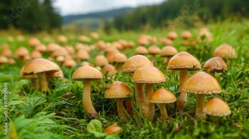 A vibrant close-up of a cluster of mushrooms growing in a lush meadow. The mushrooms are a symbol of nature's beauty, the forest's hidden treasures, and the cycle of life.