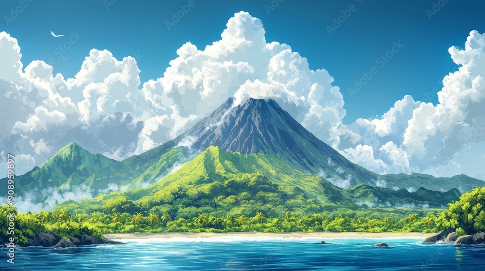 Tropical Island with a Volcanic Mountain and a Pristine Beach Tropical Island with a Volcanic Mountain and a Pristine Beach