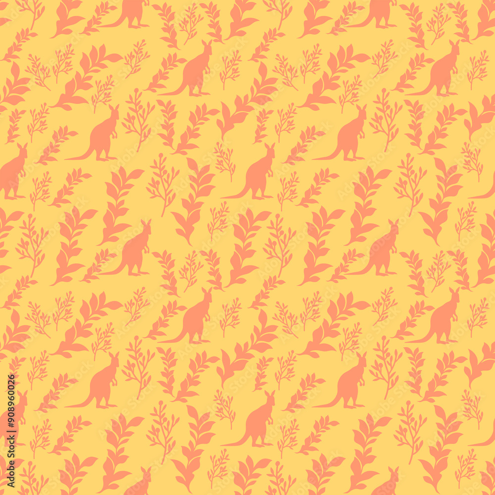 Fototapeta premium Floral Pattern, Background Dark yellow, Kangaroo, Tree, Leaves, Brown Orange, Seamless.